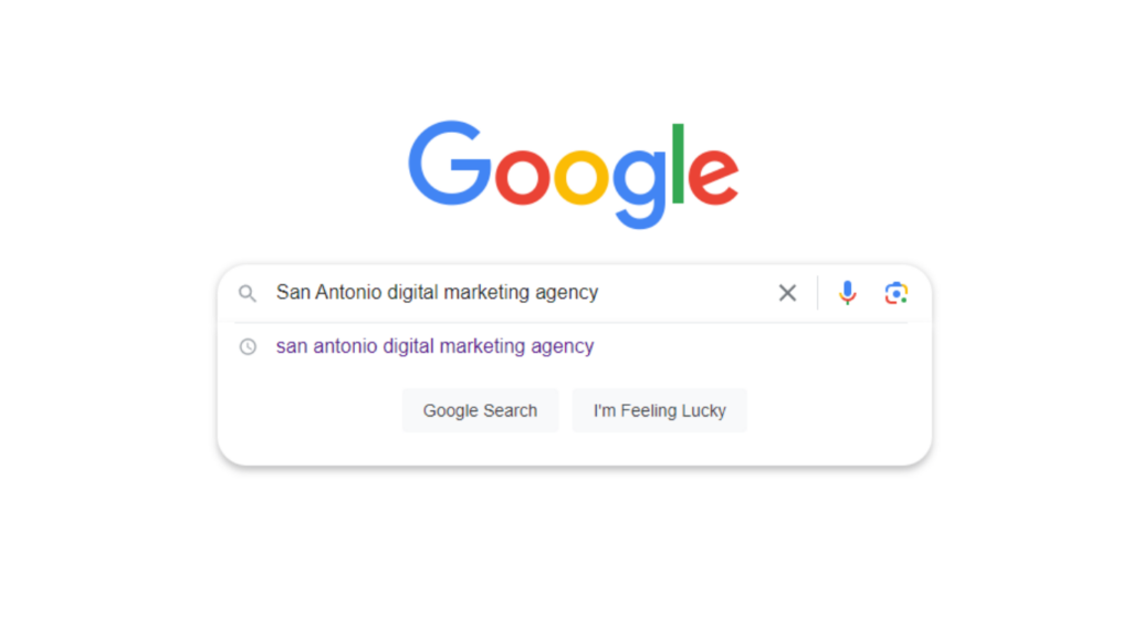 Google home page with text in the search box "san antonio digital marketing agency"