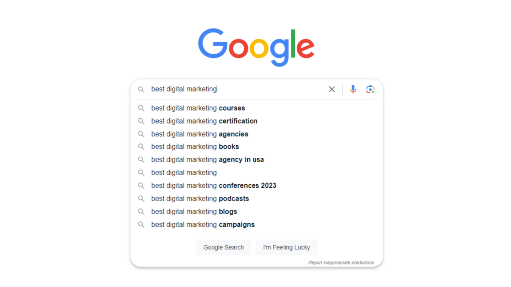 Google home page with text in the search box "best digital marketing"