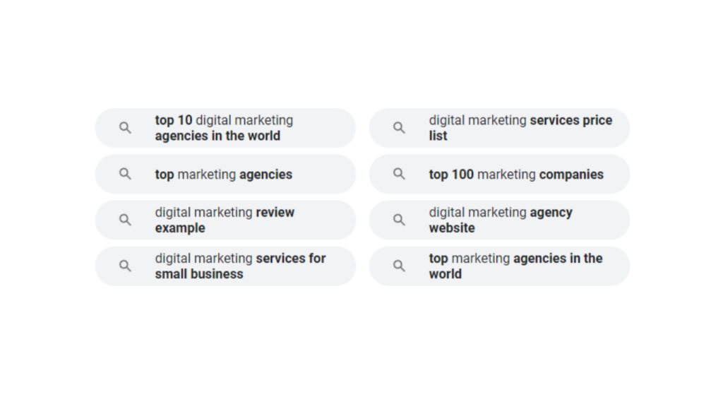 Google home page with keyword suggestions eg top 10 digital marketing agencies in the world